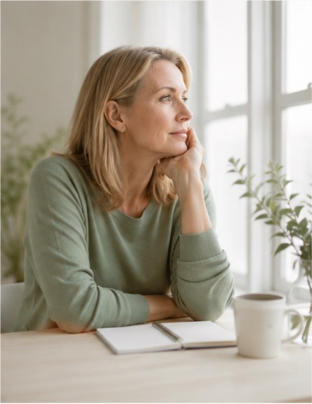 Woman sitting by a window, considering her options