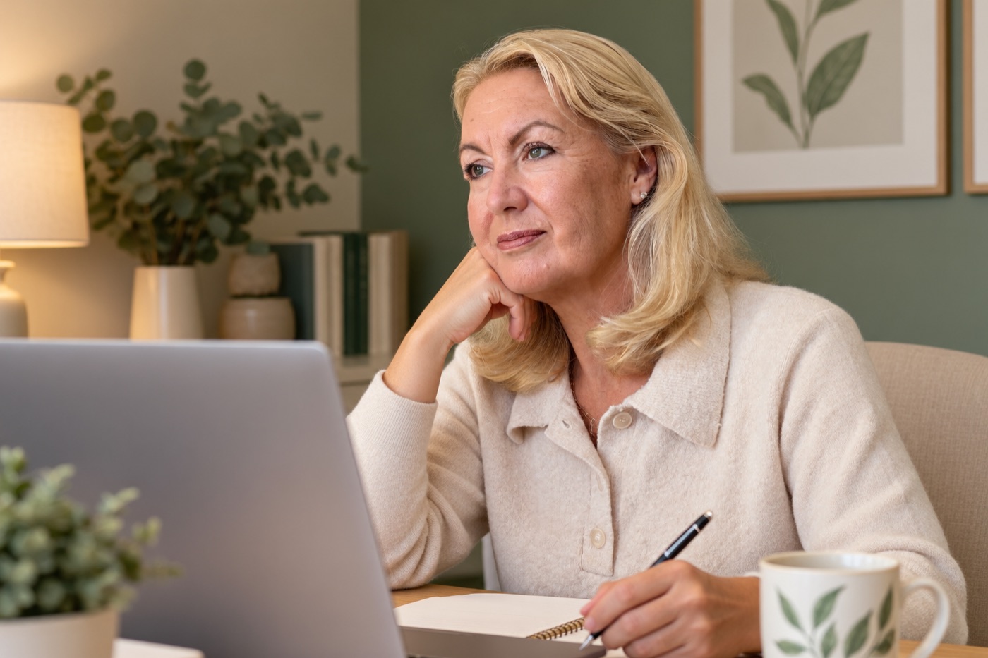 Woman at a laptop in a home office, pausing during a consultation